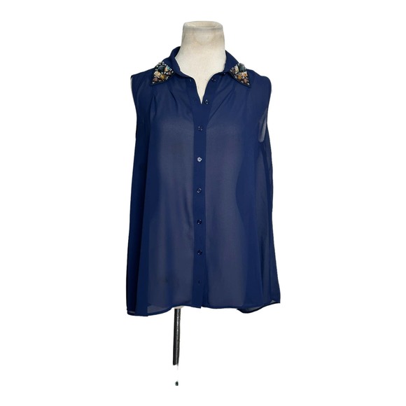 Aqua blue jeweled collared buttoned sleeveless sheer blouse size Small - Picture 11 of 11